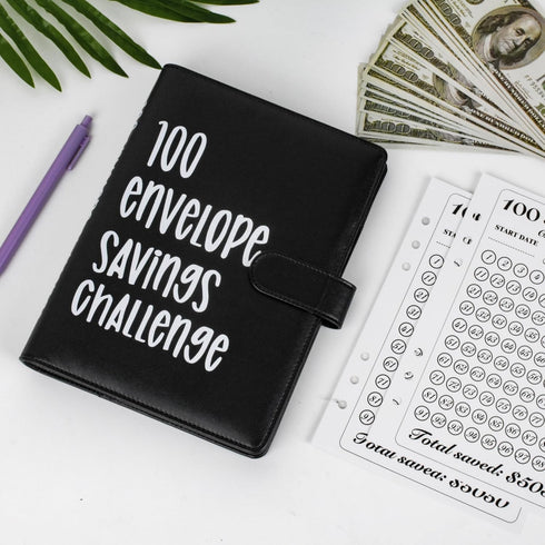 100 Envelopes Money Saving Challenge Binder, Easy and Fun Way to Save $5,050, A5 Budget Book with Cash Envelopes Kit,Black,White...
