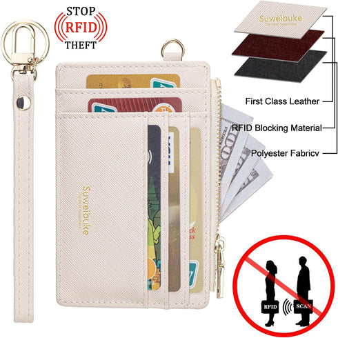 Wikavanli Women Slim Rfid Blocking Credit Card Case Holder Wristlet Zip ID Case Wallet Small Compact Leather Wallet Coin Purse with Keychain (Beig...