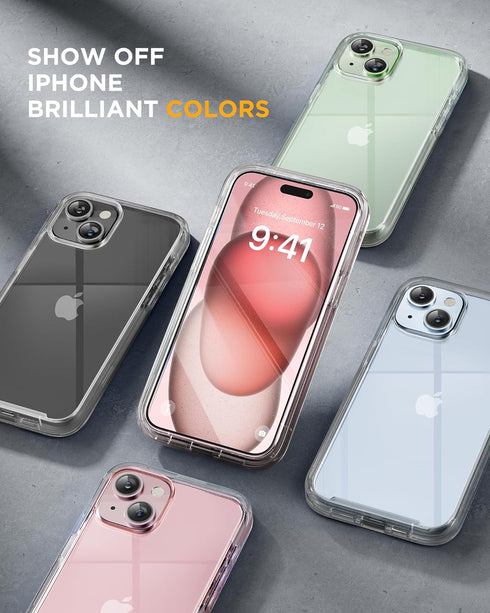 Miracase for iPhone 15 Case Clear Full-Body Built-in Glass Screen Protector &Camera Protector, Military Drop Proof 15 Phone Case 360 Degree Shockp...