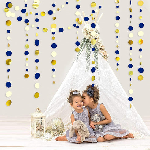 46 Ft Navy Blue and Gold Circle Dots Garland Royal Blue Hanging Paper Polka Dot Streamer for Birthday Wedding Bridal Baby Shower Graduations Nauti...