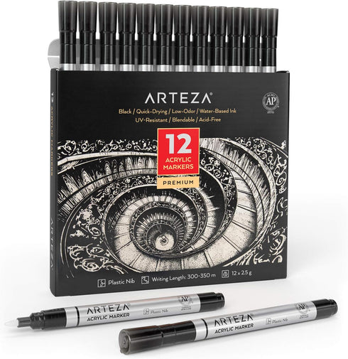 Arteza Acrylic Paint Markers, Pack of 12, Black Acrylic Paint Pens, Long-Lasting, Art & Craft Supplies, Black Paint Pens with Plastic Nib, Use on ...