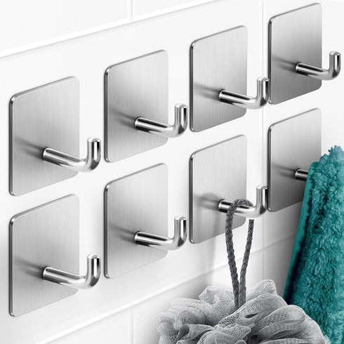 Adhesive Hooks Heavy Duty Stick on Wall No Damage Towel Hooks Sticky Hooks for Hanging Bathroom Kitchen Home 8 Packs Stainless Steel Waterproof Br...