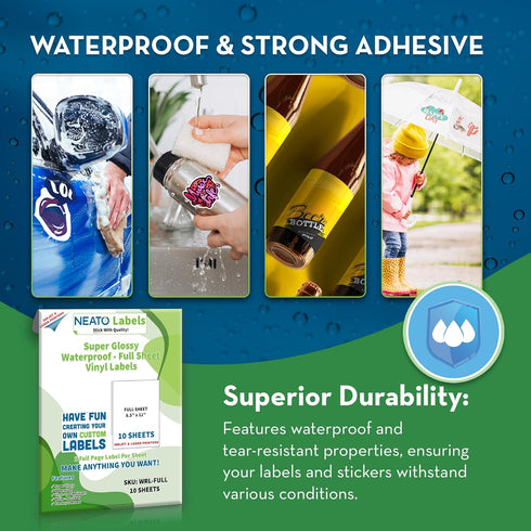 Printable Vinyl Sticker Paper (8.5" x 11") - 10 Super Glossy Waterproof Labels for Inkjet and Laser Printers - Premium White Full Sheets - Strong ...