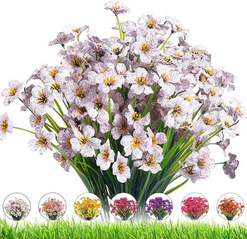 Artificial Outdoor Flowers,8 Bundles UV Resistant Fake Flowers,Artificial Violet Flowers Plastic Faux Flowers Greenery Plants for Outdoor Garden P...