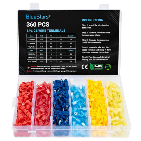 BlueStars 360 PCS T-Tap Splice Wire Terminals and Male Quick Disconnect Spade, Electrical Connectors Kit, Self-Stripping Quick Splice Disconnect W...