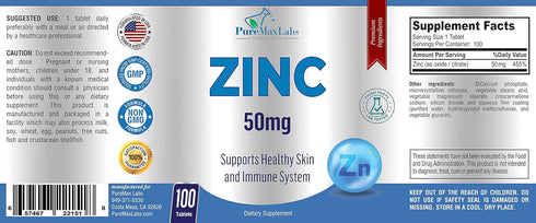 Zinc Citrate/Oxide 50mg - Immune Support & Antioxidant Supplement, Skin Health Support - 100 Tablets...