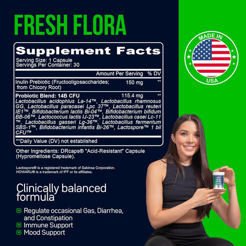 Fresh Flora - Probiotics & Prebiotics For Women and Men, Lactobacillus Lactospore, Howaru, 12 Registered Strain, Strengthens Immunity, Digestive &...
