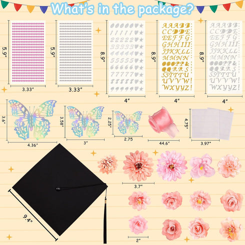 80UncleKimby Graduation Cap Decorations: DIY Grad Hat Topper Kit, Include Flowers Glitter Stickers Letters Butterflies - Handmade Decoration(No Gl...