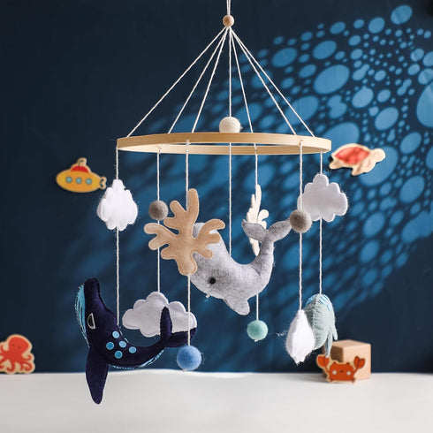 Montessori Baby Mobile for Crib | Ocean Animals Crib Mobile | Woodland Nursery Decor Soothe Toys for Ceiling Hanging | Felt Ball Sea Blue Whale, W...