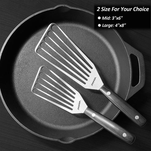 2 Pack Fish Spatula Turner, Stainless Steel Slotted Spatulas for Flipping, Turning, Frying & Grilling, 3"x6"+4"x8" Metal Slotted Spatulas, Wooden ...