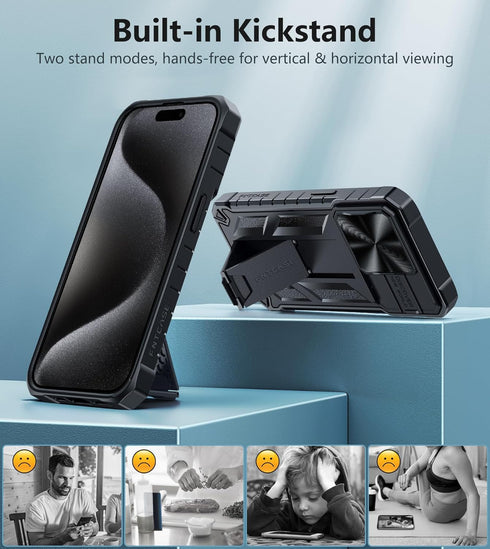 FNTCASE for iPhone 15 Pro Case: Military Grade Drop & Shock Protection Cell Phone Cover with Kickstand & Slide | Rugged Protective Bumper Textured...