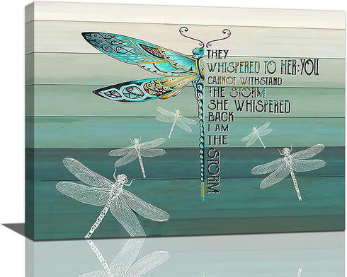 Dragonfly wall art Inspirational Quotes Wall Decor Gifts for Women Farmhouse Canvas Print She Whispered Back I Am The Storm Motivational Teal Pict...