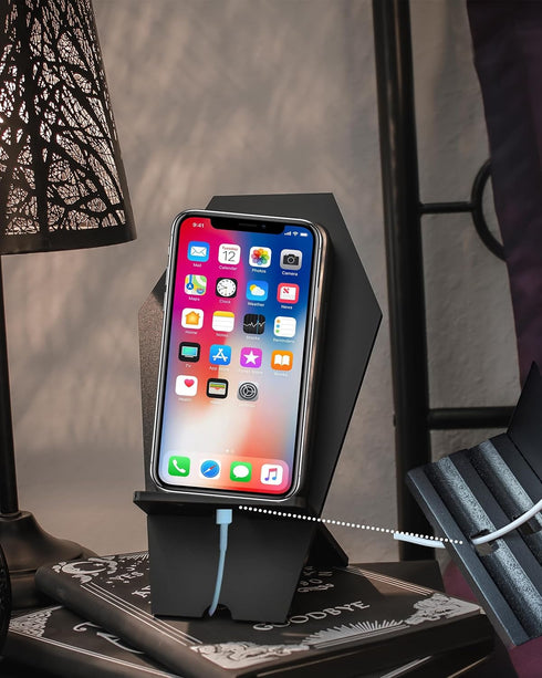 Unique Coffin Cell Phone Stand with Cool Engraved Skeleton for Halloween Goth Office Desk Accessories Supplies - Spooky Phone Holder for iPhone Ip...