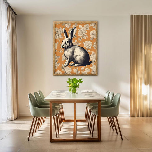 Posterizer 1 pcs-black and white bunny on a retro floral background-Art for Animal Lovers-GIft for Men Women Teens-Decor for Home & Office- unfram...