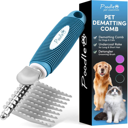 Poodle Pet Dematting Fur Rake Comb Brush Tool - Dog and Cat Comb with Long 2.5 Inches Steel Safety Blades for Detangling Matted or Knotted Underco...