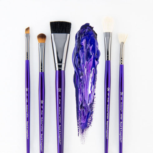Royal & Langnickel Moderna, 5pc Scruffy Variety Brush Set for All Painting Mediums, Includes - Scruffy, Mop, Angular & Fan Brushes Purple...