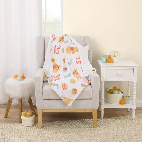 Disney Winnie The Pooh Aqua, Tan, Red, and White Hoppy Easter Super Soft Sherpa Baby Blanket...
