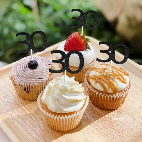 Sumerk 24PCS 30 Cupcake toppers Black Glitter 30th Birthday Cupcake Picks Anniversary Party Decorations...