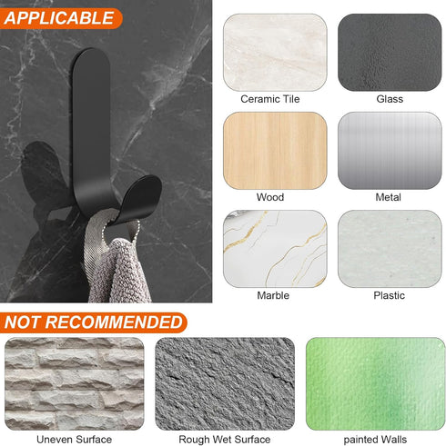 Adhesive Towel Hooks, 20 PCS Stainless Steel Self Adhesive Wall Hooks, Black Heavy Duty Shower Hook, Waterproof Oilproof Rustproof for Bathroom, K...