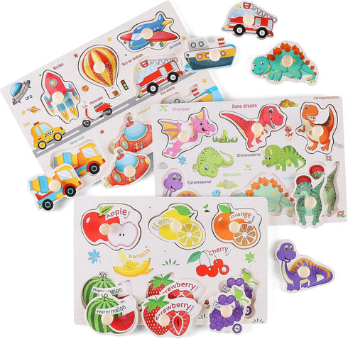 Wooden Peg Puzzles for Toddlers 1-3, Kids' Educational Preschool Peg Puzzle Toy, Set of 3 Toddler Puzzles - Traffic, Dinosaur, and Fruit, Ideal Gi...