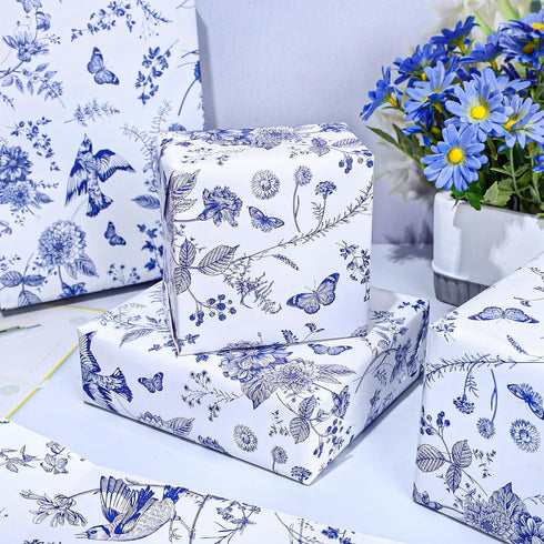 JarThenaAMCS Blue White Floral Wrapping Paper Roll Chinoiserie Flower Bird Gift Wrap Paper Decorative DIY Art Craft Paper for Wedding Birthday Bab...