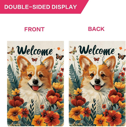 Welcome Cute Happy Corgi Amidst Flowers with Butterflies Illustrative Style Spring Summer Garden Flag Vertical Double Sided Garden Flag Seasonal R...