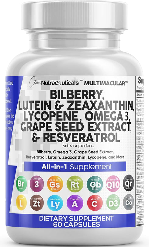 Eye Health Vitamins with Bilberry 6000mg Lutein & Zeaxanthin 40mg Lycopene 40mg Resveratrol 3000mg Grape Seed Extract 6000mg Omega 3 4000mg Astaxa...