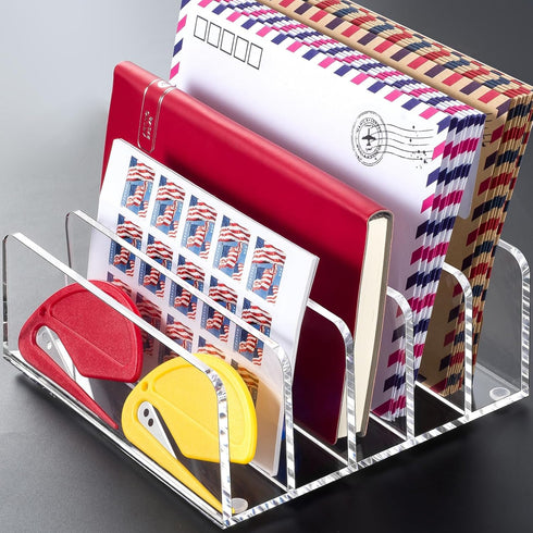 BEYGORM Acrylic Mail Holder, Clear Desk Organizer with Divider, Vertical Letter Sorter for Desktop, 5 Compartments Modern Office Home Envelope Org...