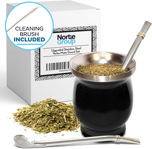 Norte Yerba Mate Cup Kit, 8-Ounces Traditional Mate Tea Cup/Gourd Set | Includes 2 Bombillas (Yerba Mate Straw) & Cleaning Brush, Stainless Steel ...