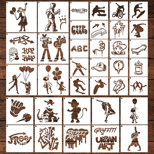 Graffiti Stencils for Painting - 36 Pcs Reusable Street Art Stencils for Painting on Wood, Doodle Stencils for Painting on Wood Wall Canvas Rock, ...