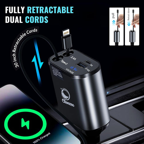 Retractable Car Charger 4 in 1 Fast Car Phone Charger - 66W with 2 Retractable Lightning Cords, USB-A & USB-C Ports to Rapidly Charge 4 Devices at...