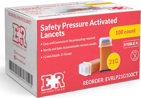Ever Ready First Aid Safety Pressure Activated Lancets, Sterile Push Lancets – 2.2mm 21 Gauge for Blood Sugar Testing - 100 Count...