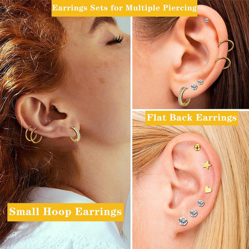 LOYALLOOK 28Pcs 14K Gold Plated Cartilage Stud Earrings and Hoops Set Stainless Steel Conch Helix Tragus Flatback Stud Earrings Dangle Chain Huggi...