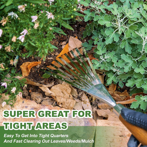 Garden Hand Rake, 14.6'' Small Hand Rake for Tight Areas, 9 Tines Stainless Steel Garden Rake with Ergonomic Wood Handle for Clearing Leaves and L...