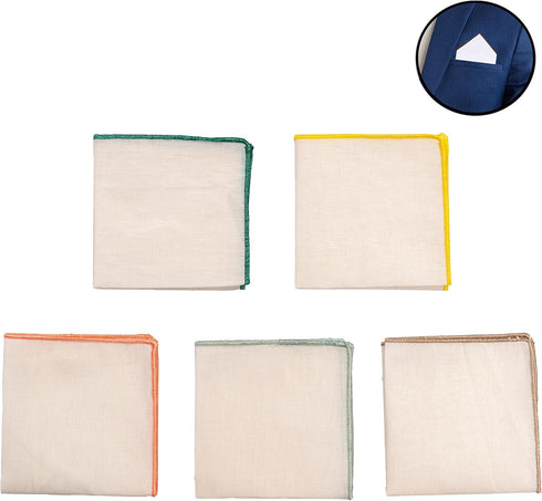 Men's Linen Pocket Square Solid White with Embroidered Edge Premium Cotton Pocket squares (Dark green, Yellow, Orange, Light brown, Tea green)...