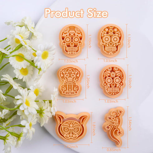 Puocaon Skull Polymer Clay Cutters - 6 Pcs Clay Cutters for Polymer Clay Jewelry, Cat Dog Skull Embossed Clay Jewelry Cutters, Day of The Dead Del...