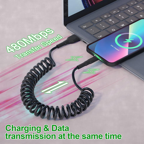 Coiled iPhone Car Charger Cord 2 Pack, Apple Carplay Compatible & MFi Certified, Short USB to Lightning Cable with Data Transmission and LED, Retr...