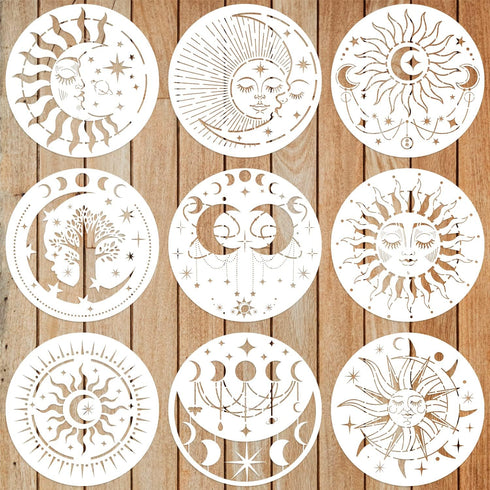 9pcs Mandala Sun and Moon Stencil, Star Sun and Moon Stencils Reusable Mandala Sun Stencils Decoration Moon Template for Painting Crafts Wood Wall...