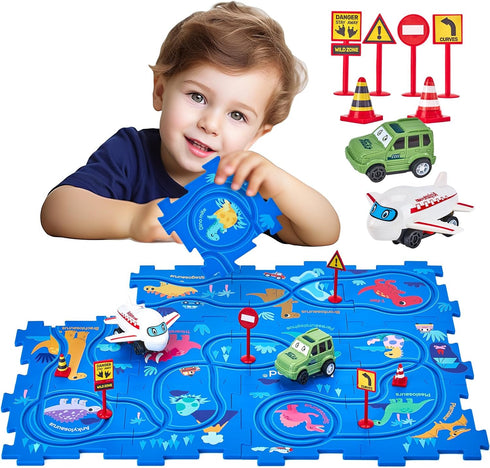 Puzzle Racer Kids Car Track Set - Toys for Ages 2-4 for Kids 3 Year Old Boy Toys Dinosaur Jigsaw Puzzle Track Car PlaySet for 3-5 with Car & Airpl...