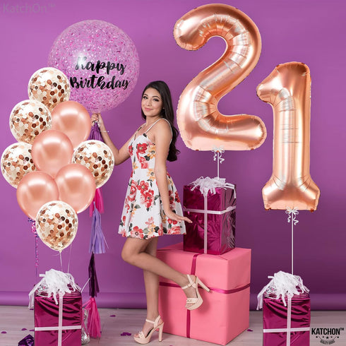 KatchOn, Big Rose Gold 21 Balloon Number - 40 Inch, 21th Birthday Decorations for Girls | Rose Gold Number 21 Balloon with Confetti Balloons | 21t...