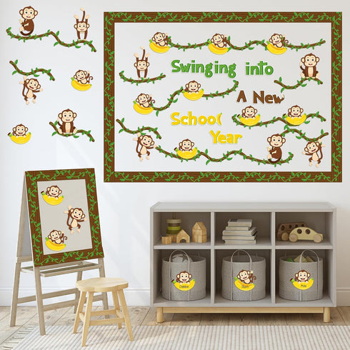 92Pcs Wild Animals Back to School Bulletin Board Set Wild Monkeys Swinging Into A New School Year Monkey Bananas Cutouts Vine Borders Preschool Ki...