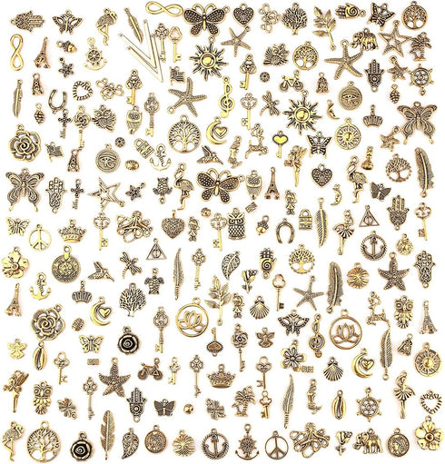 JIALEEY 200Pcs Tibetan Antique Gold Charm Mixed Pendants DIY for Bracelet Necklace Jewelry Making and Crafting...