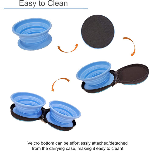 Portable Collapsible Foldable Expandable Double Large Silicone Pet Dish Bowls with Carabiner & Shoulder Strap, for Travel, Hiking and Camping, Fee...