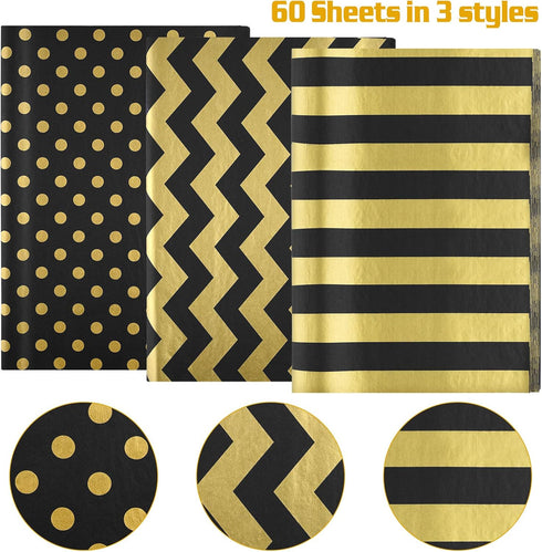 MIAHART 60 Pcs Gold Black Tissue Paper Bulk 3 Style Decorative Metallic Wrapping Paper for Birthday Weddings Christmas Party Decoration, DIY Arts ...