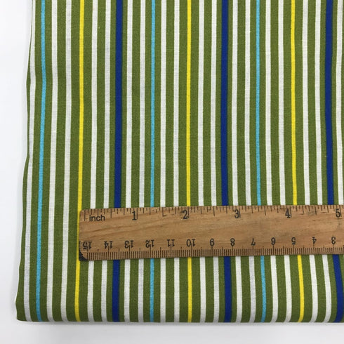 Printed Green-White-Navy-Yellow Striped Fabric Cotton Poplin 63inch 2 Yards Width for Sewing Apparels and DIY Home Craft Decors...
