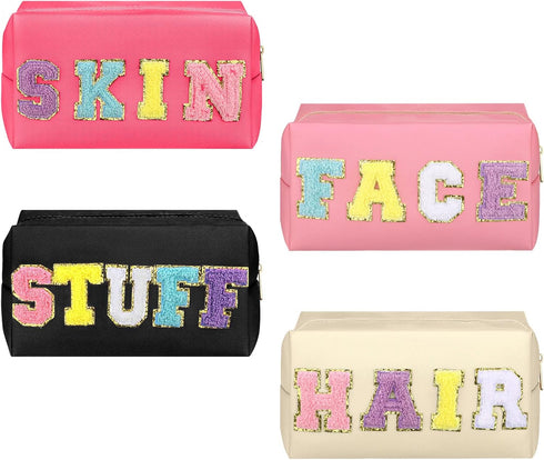 4 Pcs Large Chenille Letter Patch Makeup Bag Skin Stuff Hair Face Bag Preppy Patch Makeup Cosmetic Bag Toiletry Zipper for Women Teen Girl(Fresh C...