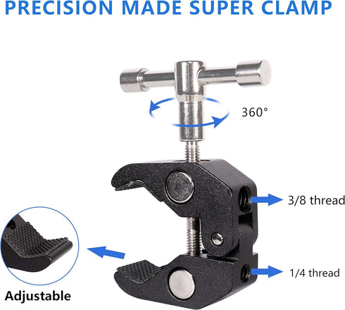 Cool Dual Ball head Magic Arm Adapter Camera Clamp Mount Super Clamp with 1/4 and 3/8 Thread, for DSLR Camera Rig, LED Light, Flash Light, Action ...