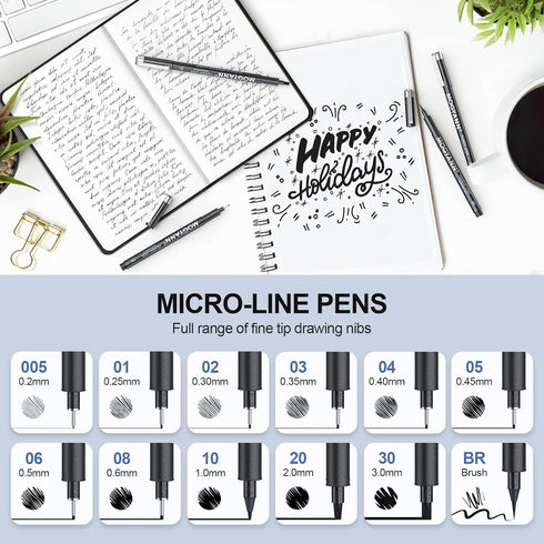 Mogyann Drawing Pens Black Art Pens for Drawing 12 Size Waterproof Ink Pens for Artists Sketching, Manga, Writing...