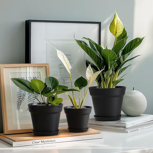 T4U 4 Inch Plant Pots 8-Pack - Small Plastic Planter with Drainage Hole and Saucer, Decorative Nursery Pot Bulk for African Violet, Snake Plant, S...