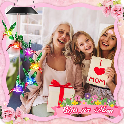 Winzwon Birthday Gifts for Women Mom Grandma, Solar Hummingbird Wind Chimes for Outside Solar Lights Outdoor Decor Hanging Mobile Garden Yard Pati...